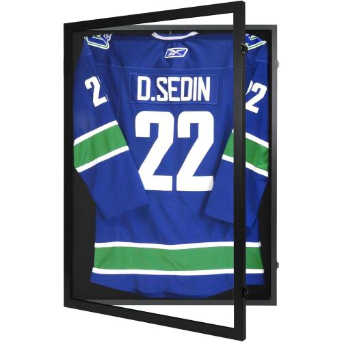 Size Large Color Black Wooden Jersey Frame Display Case 1 Pack, Large Sports Jersey Shadow Box Frame with Hangers for Hockey Football Baseball Basketball Soccer Shirt and Uniform