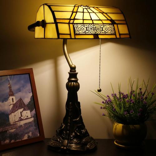 Tiffany Banker Lamp Small Stained Glass Table Lamp Tiffany Style Piano Light Yellow Mission Style Desk Lamp Angle Adjustable 10.6X15.7 Inch for Home Office Living Room Bedroom