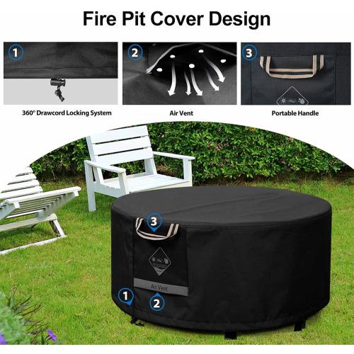 QH.HOME Fire Pit Cover Round Super Waterproof, 28 D X 16 H Outdoor Round Firepit Cover 600D Strong Tear Resistant, UPF 50  Fire Pit Covers Premium Fading Resistant for Outdoor Fire Pit - Black