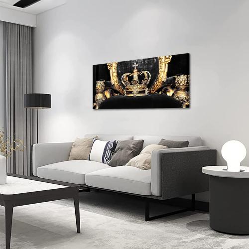 Saypeacher Vintage Gold Crown Canvas Wall Art Black and Gold Pictures for Wall King and Queen Crown Painting for Bedroom Modern Decorations 24x48