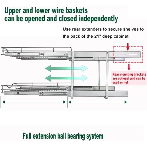 DINDON 2 Tier Pull Out Cabinet Organizer (17 W x 18 D) Heavy-Duty Metal Sliding Drawer Shelf, Two Tier Pull Out Shelves for Kitchen Cabinets, Pantry, Bathroom, Chrome Finish