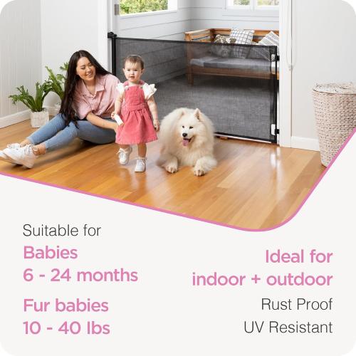 Retractable Baby Gate Perma Child Safety 33 Tall x 71” Wide, Mesh, for Stairs, Doorways, Dogs, Pets, Indoor, Outdoor, One-Handed Operation, Locking, Easy Install, Hardware Mount, Black