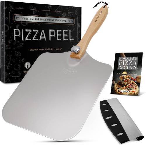 Large Pizza Peel 16 inch - Extra Large Metal Pizza Peel with 14 inch Stainless Steel Pizza Cutter Rocker, Pizza Paddle with Folding Handle (13x16 with 14 Cutter)