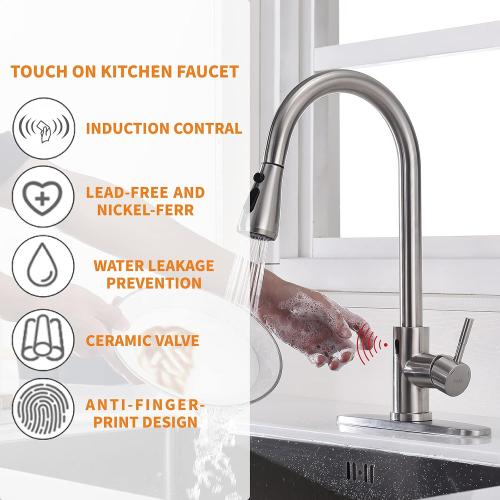 Touchless Faucet with Pull Down Sprayer & Soap Dispenser - Single High Arc Pull Out Faucet for Kitchen Sink, RV - Brush Nickel