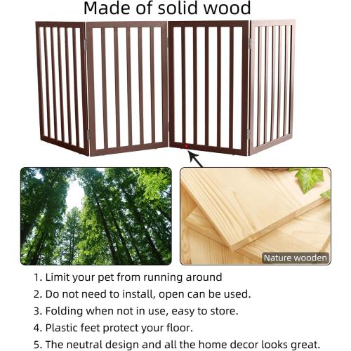 Dog Gate Indoor, Freestanding Dog Fence for The House, Doorways, Hallways,or Stairs,Pet Gate Foldable Wooden,Expandable 32 Height 4 Panels,Brown