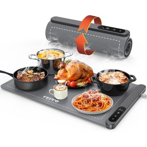 FEPPO Food Warming Mat, Upgrade High-tech Graphene Heating Film, Fast Full Surface Electric Warming Tray with 6 Level Adjustable Temperature and 6 Hours Timer, Roll Up Food Warmers for Parties Buffet