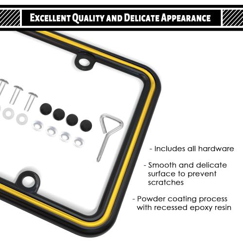 1pcs Heavy Duty Metal License Plate Frame, Made of Zinc Alloy with 4 Holes License Plate Holder Never Rust and Unbreakable, with Mounting Hardware Kit, Screws Caps (BLK-Yellow)