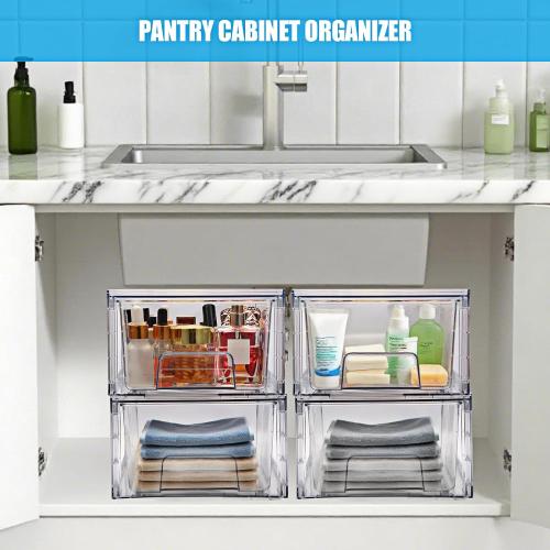 2 Pack Stackable Storage Drawers,Plastic Organizers Bins, Drawers Storage with Handles and Movable Dividers for Organization and Storage in Fridge,Dressers, Pantry, Kitchen Cabinets, Under Sink