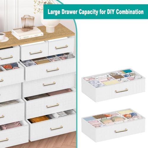 VASICAR White Dresser for Bedroom with 12 Deep Drawers, Wide Chest of Drawers, 55 TV Stand with Retro Wood Top, Tall Fabric Dresser for Closet, Nursery