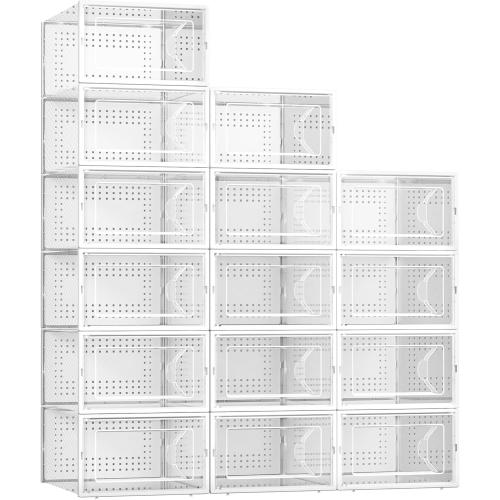 Kuject 15 Pack Shoe Storage Boxes, Large Clear Plastic Stackable Shoe Organizer for Closet, Connect Left and Right Shoe Boxes Case Container Bin for Entryway, Drop Front, Fit for Size 10(White)