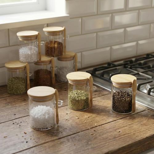 7.6 oz Airtight Mini Glass Jars with Bamboo Lids and Bamboo Spoons, Spice Jars Small Food Storage Containers for Kitchen, Bathroom, Home Decor Set of 8