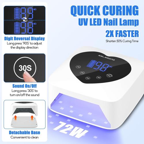 UV LED Nail Lamp, 72W Cordless UV Light for Nails, Rechargeable Nail Dryer Gel Polish Light with 5 Timer & Touch Display, Professional Fast Gel Nail Light Curing Lamp Auto Sensor (White)