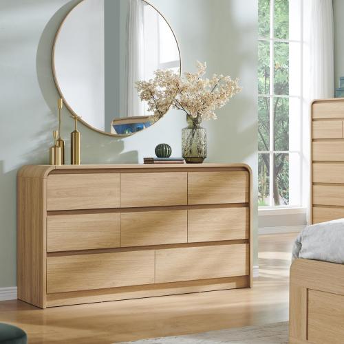 Aitjunz Modern 8 Drawers Dresser for Bedroom, Dressers & Chest of Drawers w/Curved Profile Design, Wood Mid Century Storage Dressers Organizer for Bedroom, Living Room, Natural Oak