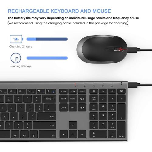 Wireless Keyboard and Mouse, Vssoplor Rechargeable Quiet Full-Size Keyboard and Mouse Combo Set Ultra Slim Design for Laptop, PC, Notebook, Desktop-Dark Gray