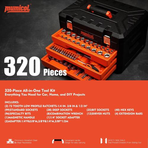 Mechanic Tool Set, Socket Set, 320-Pcs Professional Mechanics Tool Set & Metric and Standard Socket Set, 1/4″ 3/8″ 1/2″ Drive with 72-Tooth Ratchet, Car Mechanic Tool Kit for Automotive Repair‼️incomplete set‼️