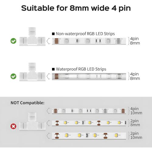 JACKYLED T Shape 4-Pin 8mm LED Connectors Total 42Pcs, Unwired Solderless Gapless Adapter Corner Connectors Terminal Extension 12V 72W with 32pcs Clips for 5050 3528 SMD RGB LED Strip Lights -8mm 4pin