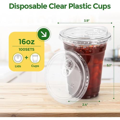 Glotoch Express Plastic Cups with Lids, [100 Sets - 16oz] Disposable Clear Crystal Iced Coffee Cups - Strawless Sip Lids - BPA Free Sturdy To Go Cup for Smoothie Cold Drinks Juice Party Wedding Event