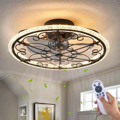 HuixuTe Caged Ceiling Fan with Lights Remote Control, 6 Speeds 3 Color Farmhouse Industrial Ceiling Fan with Light for Kitchen Bedroom Living Room