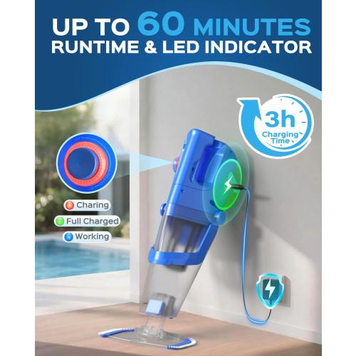 Cordless Handheld Pool Vacuum Cleaner with Telescopic Pole, 26.5 GPM Powerful Suction, Longer 1H Runtime, Portable Pool Vacuums for Above Ground/Inground Pools, Hot Tubs, Spas