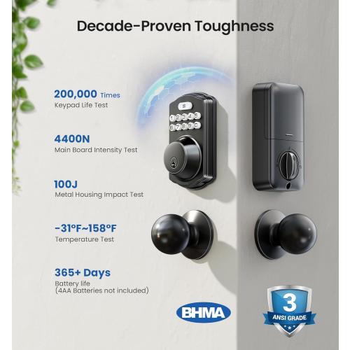 Veise Keyless Entry Door Lock with 2 Knobs, Electronic Backlit Keypad Deadbolt with Handle Set, Auto Lock, One-time Codes, Smart Deadbolt for Front Door, Easy Installation, Matte Black