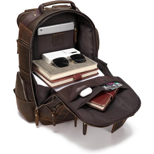 LANNSYNE Vintage Genuine Leather Backpack for men, 15.6 Laptop Backpack Travel Camping 24L Rucksack