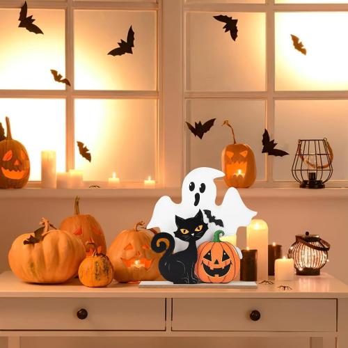 Halloween Decorations Indoor Wooden Black Cat Halloween Decor Ghost Table Sign Pumpkin Table Centerpieces Standing Tabletop Decoration for Holiday Desk Tiered Tray Party Shelf Decorations Farmhouse