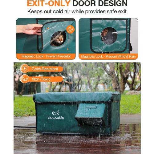Indestructible Heated Cat House for Outside Cats Winter, 100% Weatherproof, Safe Escape Door, Insulated Outdoor Cat Shelter with Heater for Feral Barn Cat Kitty (Forest Green, 13x17x12.6)