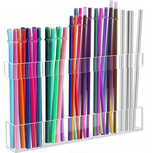 Transparent Acrylic Straw Holder, 9.5 Inch Adjustable Height Straw Storage Box, Wall-Mounted Cabinet Storage Rack, Kitchen Accessories