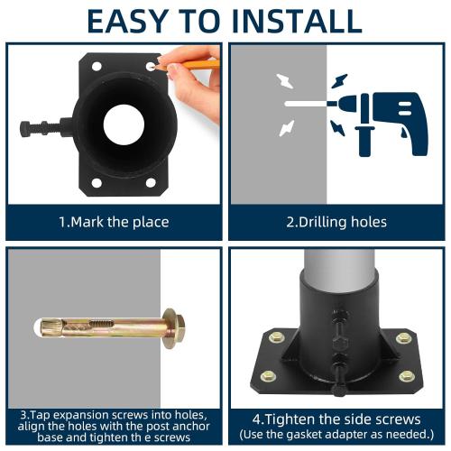 4PCS Chain Link Fence Post Base 2 1/2 Floor Flange, Round Posts Base Bracket Floor Flange for Holding Fence Deck Railing Mailbox Flag Round Posts with Screws, Black