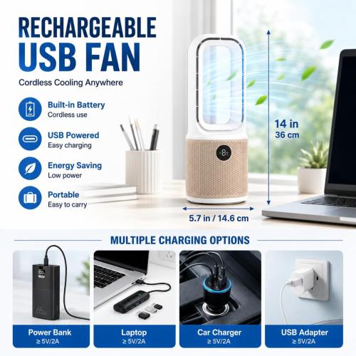 14 Bladeless Desk Fan, USB Rechargeable, Quiet, Personal Cooling Fan