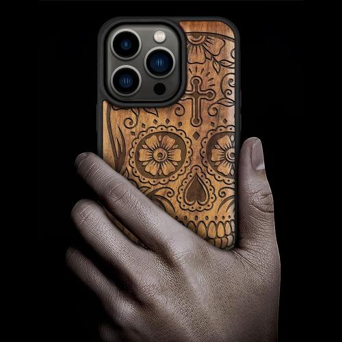 Carveit Magnetic Wooden Case for iPhone 15 Pro Case, Compatible with MagSafe Wireless Chargers, Black Soft TPU Shockproof Cover & Wood Artisan Engraved (Sugar Skull) - Walnut