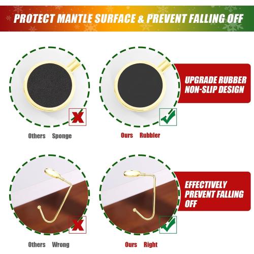 Christmas Stocking Holders for Mantle, Upgrade Non-Slip Christmas Safety Stocking Holder Mantle Hooks Hanger Grip for Party Decoration(Gold-4P)