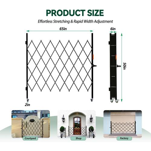 Folding Security Gate with Lockable Scissor Design and 360° Swivel Casters Outdoor Barricade for Entry Security, Garage, Warehouse, and Pool Areas (65“Wx50 H)