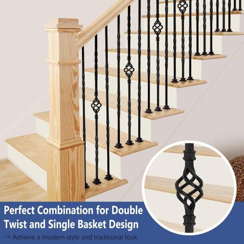 9 Pack Iron Stair Balusters, 36 Balusters for Staircase Interior, Stair Spindles Hollow Single Basket with Knuckles Double Twist 1/2 Square Metal Stair Wrought Iron Balusters (Pre-Cutting)