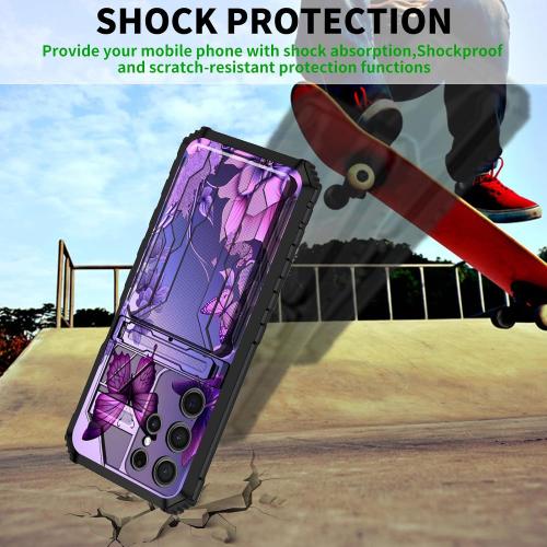 for Samsung Galaxy S24 Ultra Case Wallet Case with Credit Card Holder & Kickstand Dual Layer Hard PC Soft TPU Protective Cover for Galaxy S24 Ultra 6.8 inch - Pink Flowers Purple Butterflies