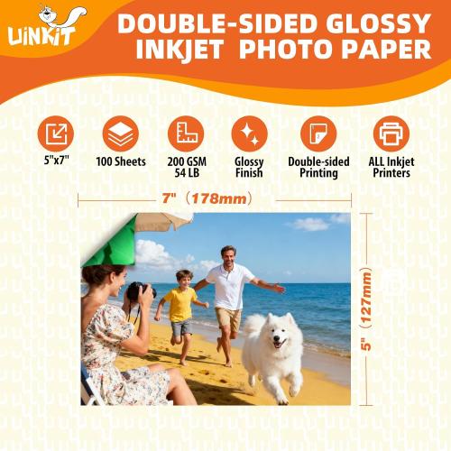 Uinkit Double Sided Photo Paper Glossy 100 sheets 5x7 54lbs Inkjet for Dye Ink 200Gsm kPicture 5 x 7 9.5Mil for Inkjet Printing Printer (100, 5x7)