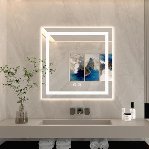 32 X 32 Inch Square LED Bathroom Vanity Mirror, 3 Colors Light Dimmable, Wall Mounted Memory Lighted Makeup Mirror with Anti-Fog Touch Switch (Front-lit&Backlit)