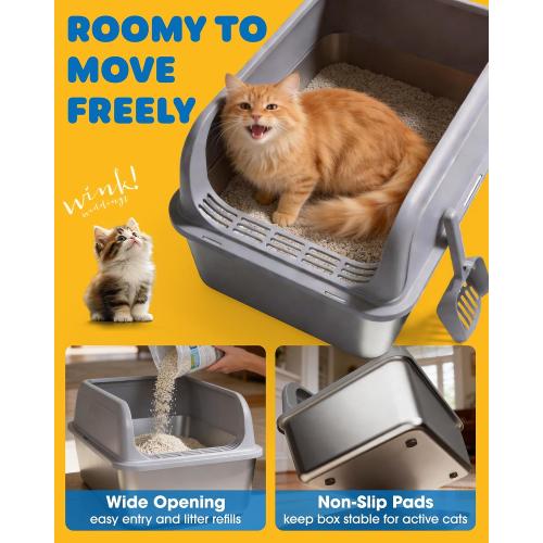 Powools Stainless Steel Cat Litter Box, High-Sided, Grey, XL (1 Pack) | Metal Litter Box with Scoop, Anti-Leakage Top Entry, Non-Sticky, Easy to Clean, 6-Inch Splash-Proof Deep Pan