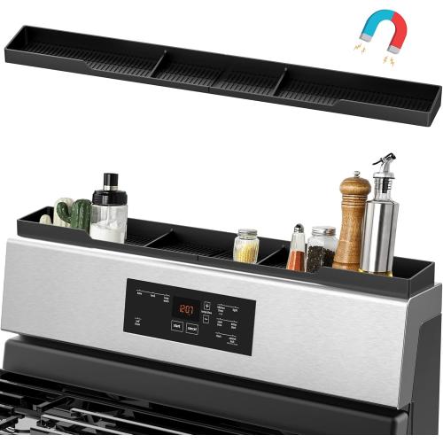 AWOKE Stove Top Shelf 30 Inch - Silicone Material Magnetic Shelf for Stove - 3 Functional Partitions Kitchen Spice Rack Organizer-Black,Kitchen Gadgets Storage Organization