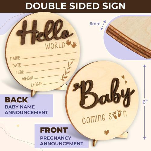 Baby Coming Soon Announcement - Wooden Double-Sided Pregnancy Sign for Hospital, Welcome Hello World Newborn, Name Birth