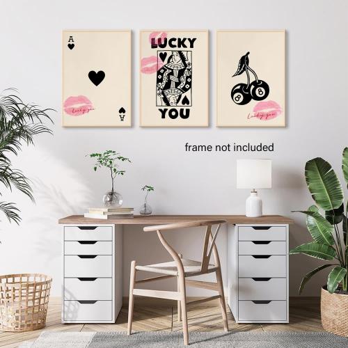 LYPHNX Trendy Ace of Spades Poster Wall Art Vintage Poker Queen Luck You Prints Black 8 Ball Cherry Set of 3 Wall Decor Kiss Lips Preppy Coquette Painting Picture for Bedroom Dorm 16x24 Unframed