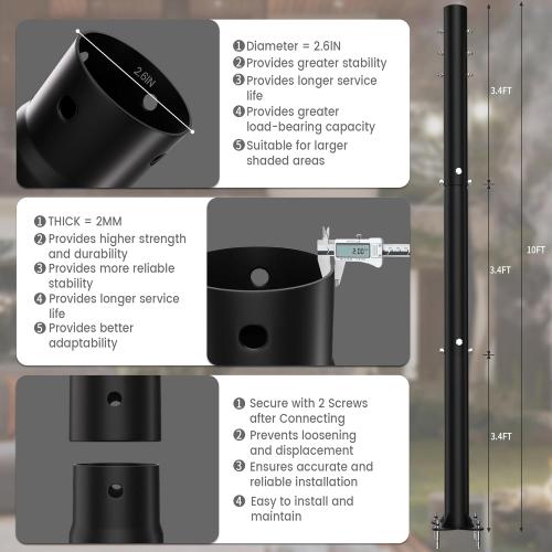 Sun Shade Sail Poles, 10 FT Sun Shade Poles, 2.6 Diameter Steel Heavy Duty Shade Sail Pole with Expansion Bolt Hardware for Outdoor Shading in Gardens and Backyards, Patio, Black 2 Packs