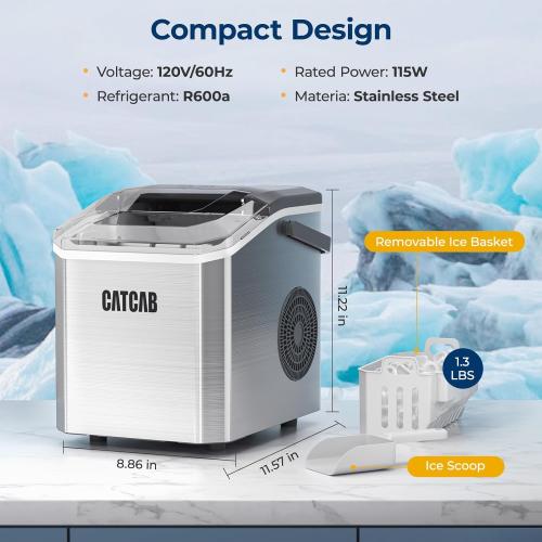 Countertop Ice Maker Machine with Handle, 9 Ice Cubes in 6 Mins, 26.5Lbs/24H, 2 Sizes of Bullet Ice, Auto-Cleaning Portable Ice Machine for Home Kitchen Party RV Camping, Stainless Steel Silver