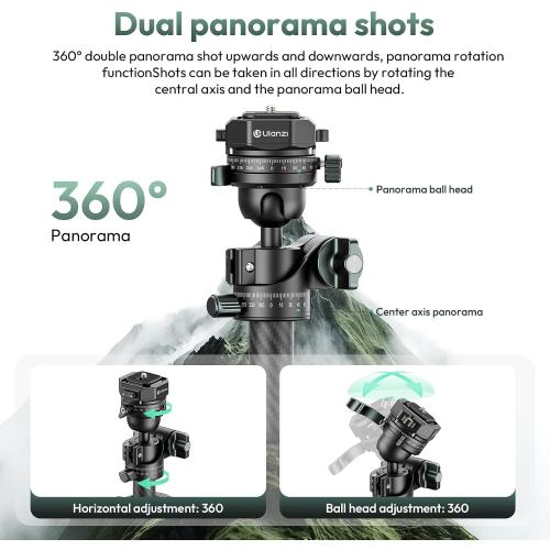 ULANZI JJ05 GlideGo Carbon Fiber Photo Tripod, Dual 360° Pan Head, 72.4 inch Max Height, 11 lb Load, UKA Quick Release, Professional Portable Lightweight Travel Tripod with Bag