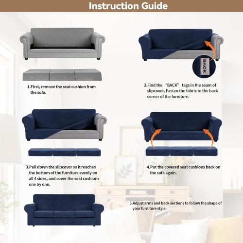 Size Large Color Blue  9 Pieces Velvet High Stretch Couch Covers for 3 Cushion Couch Sofa Slipcovers, Washable Furniture Protector with Non Slip Elastic Bottom, Feature Soft and Thick Plush Fabric, Navy Blue, Large