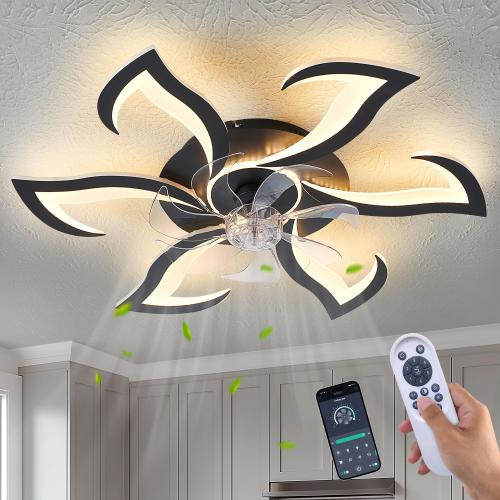 Black Flower Modern Ceiling Fans with Lights, Low Profile Ceiling Fan with Remote for Bedroom, 32inch Flush Mount Ceiling Fan with LED Dimmable Light,6-Speeds, Timing Ceiling Fan Light