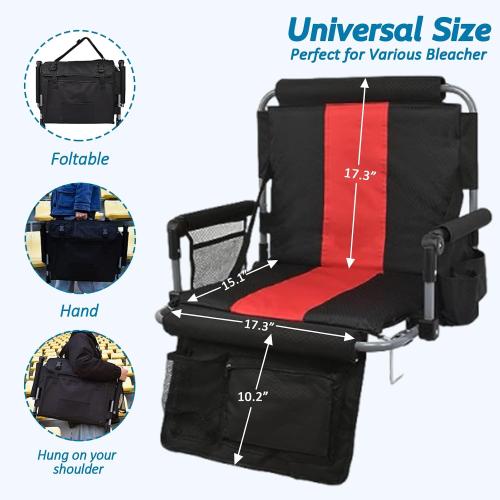 Black and Red Portable Stadium Seats with Back Support and Armrest, Folding Bleacher Chairs with Back and Cushion, Wide Padded Sports Chair with Cup Holder (2 Pack, Red)