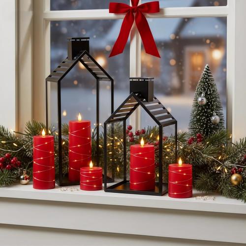 Raycare Flameless Candles with Remote Timer, Flickering Battery Operated LED Pillar Fake Candle with String Lights for Home Decor, Christmas, Wedding and Gift, Red, Set of 5