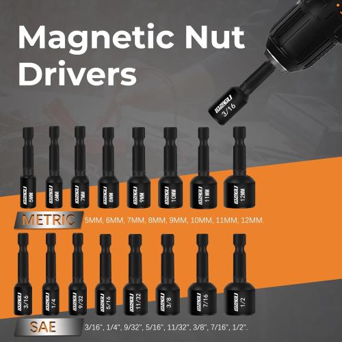 17PCS Magnetic Nut Driver Set | SAE and Metric | Premium Impact Power Hex Nut Driver Drill Bit Master Kit | 1/4 Inch Hex Shank | Cr-V Steel (17PCS Magnetic Nut Driver (Short))