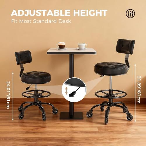 Office Drafting Chair with Footrest, Tall Height Adjustable Stool with Back Support, Heavy Duty Rolling Stool Chair with Wheels for Office Home Kitchen Bar Shop Guitar Studio Medical Vanity(Black)